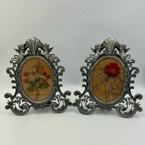 Set of 2 Vtg Oval Ornate Silver Metal Picture Frames 3.5x5" Baroque Cherubs